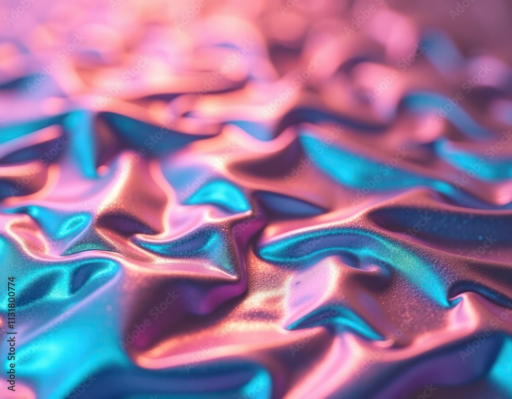 Poster Pastel neon holographic crumpled metallic foil texture. Modern abstract material. Bright colours. Stylish trendy design. Fabric with wavy pattern. Abstract texture pattern. Psychedelic look. Creative