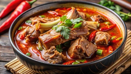 Fototapeta premium Close up of hot and spicy soup with pork ribs, also known as Lang Zaap , Spicy, Pork, Ribs, Soup, Lang Zaap, Close up
