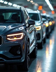 Modern SUVs move along production line in auto factory. Manufacturing process of automobiles. Fast paced assembly line. Cars in various stages of construction. Automated assembly process. Automotive