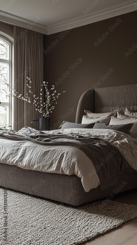 Poster a tranquil bedroom showcases a plush bed adorned with soft linens and layered textures. natural ligh