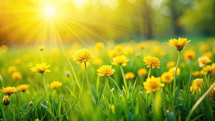 Fototapeta premium Yellow flowers blooming on a lush green grass field, spring, meadow, nature, vibrant, petal, sunny, blossom, flora