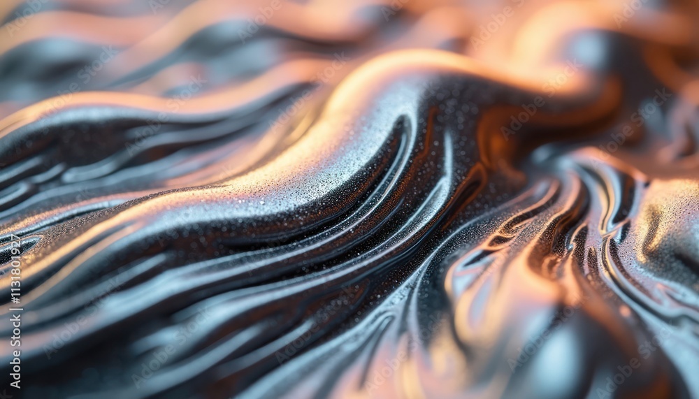 Poster Abstract image shows metallic liquid flowing, swirling. Fluid patterns reflective surfaces in soft silver black, peach hues. Close up view displays captivating liquid motion. Metallic textures create