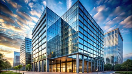 Fototapeta premium Modern high rise building with sleek glass exterior and geometric design, skyscraper, architecture, urban, cityscape