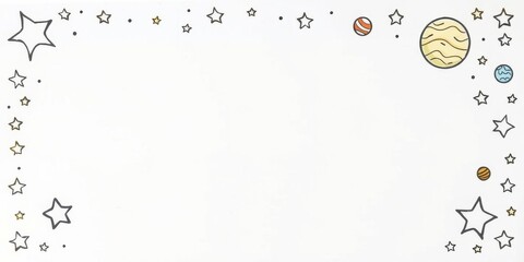 Hand-drawn cosmic border with colorful planets and stars on white background, perfect for children's projects or educational materials, cosmic, planets, frame