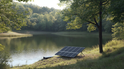 Fototapeta premium Solar Panels Installed Near A Clear, Reflective Lake, Sustainable Electricity Resource, Solar Cell Powered Clean Energy Photography