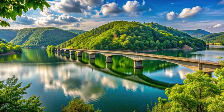 Asel Bridge in Edersee surrounded by lush greenery and calm waters, Asel Br?cke, Edersee, bridge, Germany
