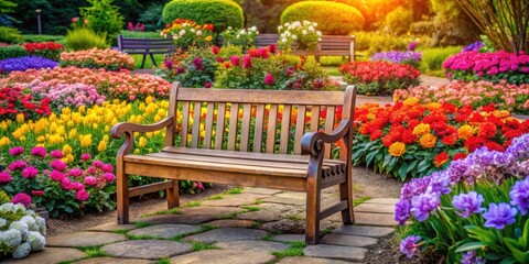 Obraz premium Beautiful outdoor garden featuring a wooden bench surrounded by colorful blooming flowers , garden, outdoor, bench, flowers