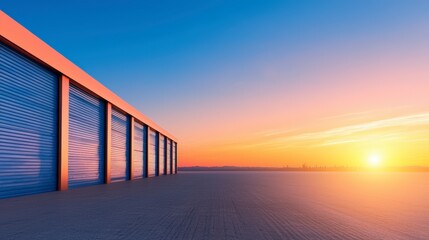 Fototapeta premium Sunset over Modern Industrial Warehouse Storage Units