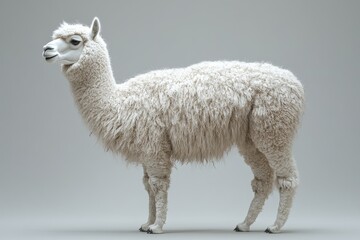 Fototapeta premium Charming White Llama Grazing in a Vibrant Green Meadow Under Clear Blue Sky, Exuding Playful Energy and Natural Beauty, Perfect for Animal Lovers and Nature Enthusiasts Capturing Joyful Moments