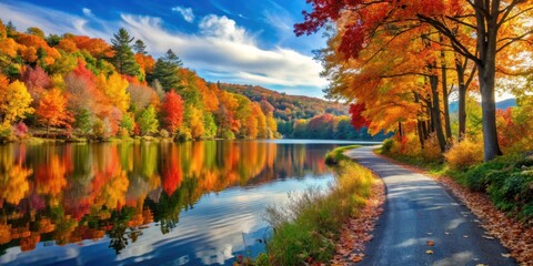 Scenic autumn road beside a tranquil lake and colorful foliage, autumn, road, scenic, lake, colorful, foliage, fall, tranquil