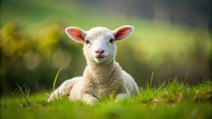 Obraz premium Lamb sitting in a peaceful meadow , Baby animal, cute, fluffy, lamb, sitting, grass, nature, peaceful, serene, calm, farm