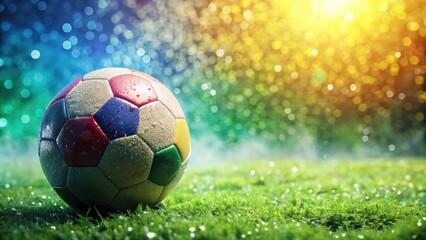 Naklejka premium Colorful soccer ball covered in water droplets on dewy green field, sport, soccer, ball, water droplets, dew, green, field