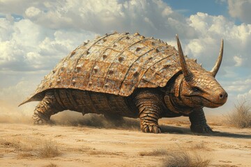 Fototapeta premium Majestic Giant Tortoise Traversing the Arid Desert Landscape, Showcasing Resilience and Adaptability Amidst Golden Sand Dunes Under a Clear Blue Sky, Evoking a Sense of Isolation and Wonder