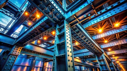 Obraz premium Steel Beam Structure, Industrial Support Frame, Worm's Eye View Photography, Metal Construction 