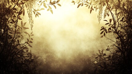 Fototapeta premium Mystical golden forest scene with foliage frame.