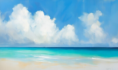 Obraz premium A serene beach scene with turquoise waters and fluffy clouds under a bright blue sky.