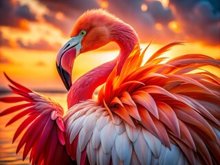 Fototapeta premium Stunning Close-Up Flamingo Wings: Graceful Pink Feathers, Vibrant Sunset, Detailed Texture, Avian Beauty