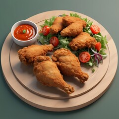 Crispy Fried Chicken with Fresh Salad and Dipping Sauce on Wooden Plate - High-Quality Food Photography