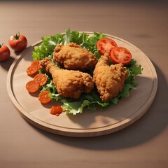 Crispy Fried Chicken with Fresh Salad and Dipping Sauce on Wooden Plate - High-Quality Food Photography