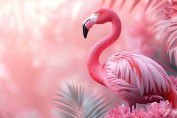 Fototapeta premium Elegant Pink Flamingo Gracefully Posing Against a Soft Pink Background, Capturing a Whimsical and Playful Spirit, Perfect for Tropical-Themed Decor, Fashion, or Artistic Projects