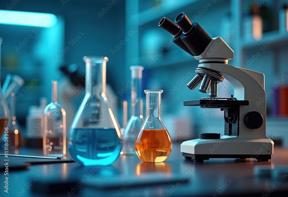 Aufkleber Close-up science lab scene shows various lab equipment. Modern lab tech displays flasks, tubes filled with liquids. Brightly lit microscope in foreground. Abstract bokeh effect creates depth, focus
