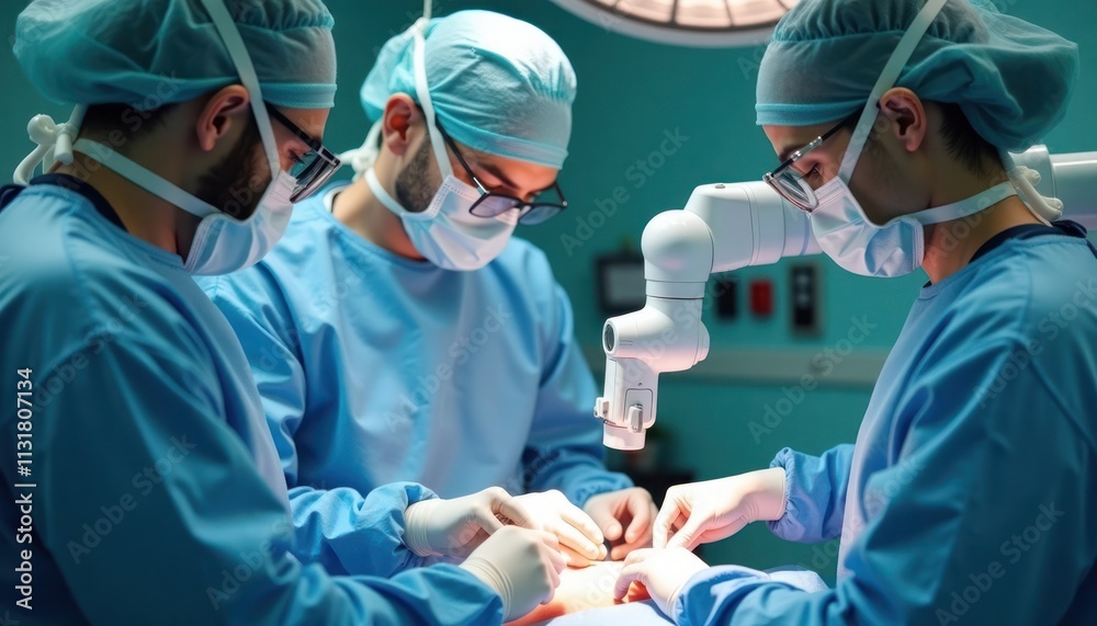 Aufkleber Surgeons in scrubs, masks perform modern surgical procedure using robotic assistance in high-tech operating room. Team works meticulously on patient in sterile environment. Advanced medical tech