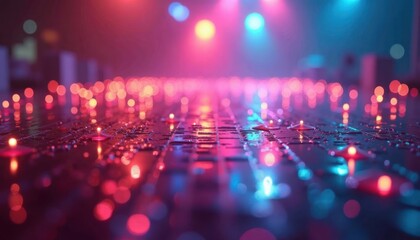 Disco lights reflect on shiny surface. Multicolored beams create festive atmosphere. Lively setting. Nighttime scene. Party vibes. Cool colors. Abstract design. Shiny surface. Water drops. Urban