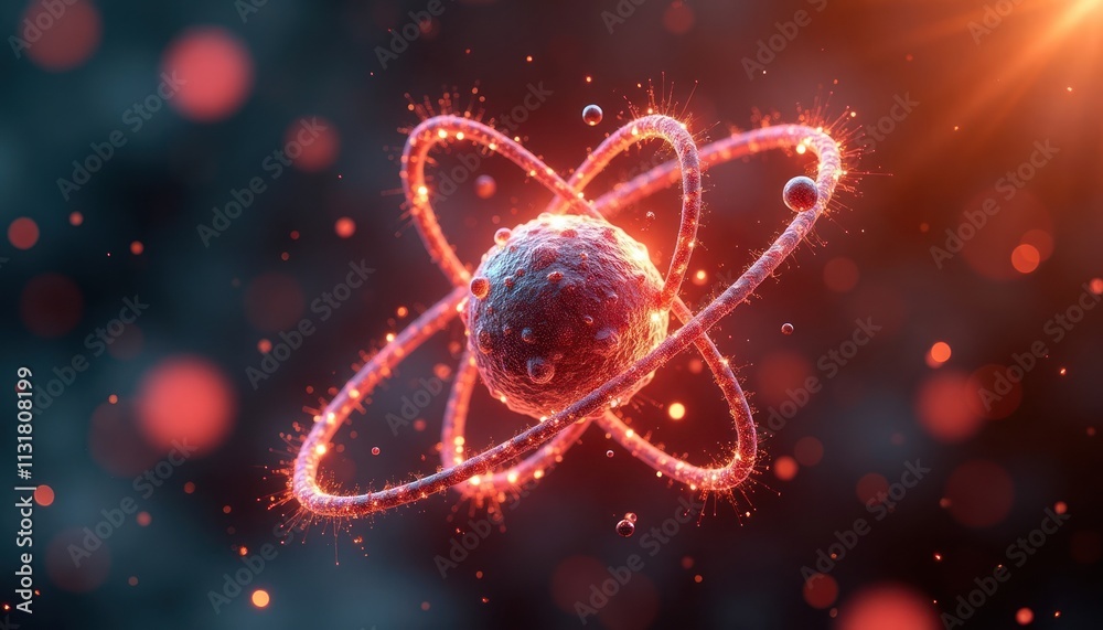 Poster 3D animation shows atom with spinning electrons. Atomic particles in motion. Dynamic scientific illustration. Visual representation of subatomic structures. Complex molecule structure highlighted.