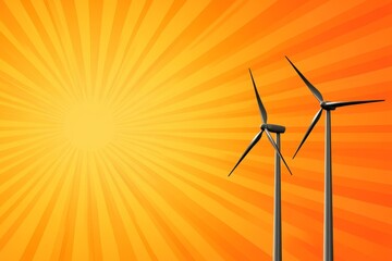 Fototapeta premium A flat design of three stylized wind turbines in silhouette, set against a circular sunburst pattern