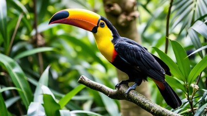 Fototapeta premium Vibrant Toucan Perched on a Branch in a Lush Green Forest - Perfect for Nature and Wildlife Enthusiasts