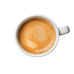 Top view of isolated mug with hot black coffee with foam on transparent cutout PNG background
