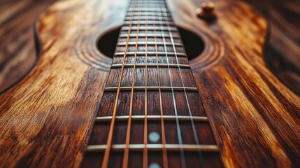 Close-up of acoustic guitar strings and wood grain.