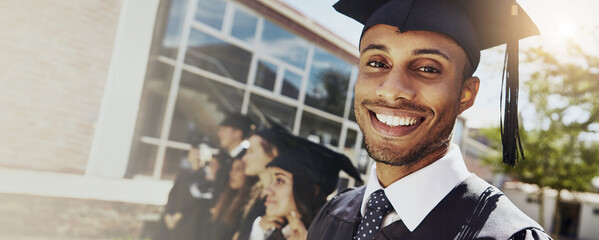 Portrait, happy man and graduation of student at university for education achievement. Face, smile...
