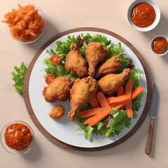 Crispy Fried Chicken with Fresh Salad and Dipping Sauce on Wooden Plate - High-Quality Food Photography