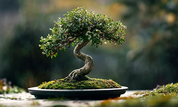 Serene Bonsai Tree in a Dark, Mossy Pot, Outdoors