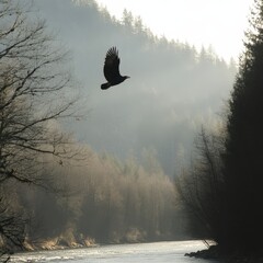 Majestic Bird Soaring Over Serene River Landscape Surrounded by Lush Forest and Mountainous Backdrop in Early Morning Light