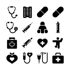 Obraz premium A collection of black silhouette medical icons, perfect for use in healthcare-related projects, websites, or presentations.