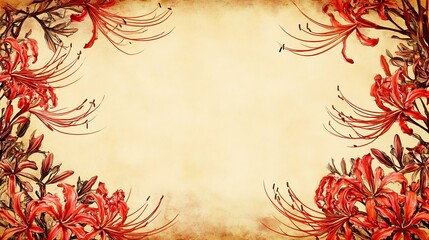 Obraz premium Red spider lily floral frame on antique parchment.