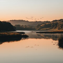 Serene Sunrise Over Calm River with Silhouette of Birds in Flight, Capturing the Beauty of Nature in a Peaceful Landscape Scene