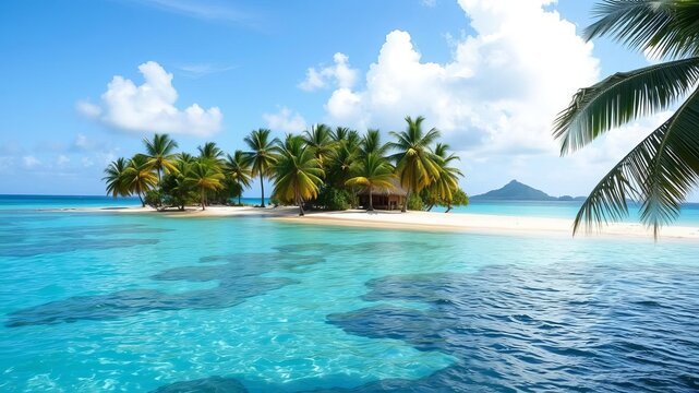 Tropical paradise vacation on the beautiful blue sea of Los Roques, Venezuela with pristine beach, palm trees, and crystal clear waters, great beach, blue sea