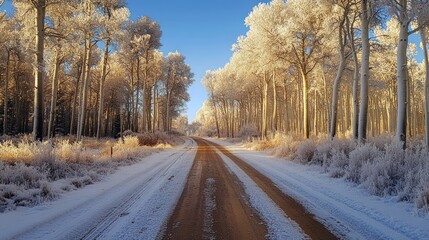 Obraz premium A serene winter landscape with a snow-covered dirt road lined by frost-covered trees.