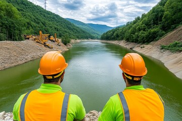 A serene image of engineers working on a hydroelectric dam project, with blueprints and heavy equipment in the background