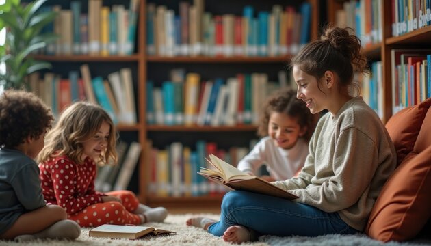 Volunteer reads storybook to kids in cozy library. Children listen attentively. Warm atmosphere. Educational activity. Library setting. Family time. Positive interaction. Learning environment.