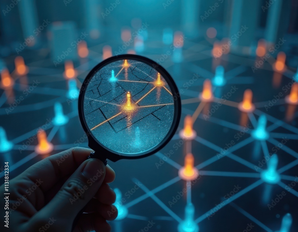 Poster hand holds magnifying glass. magnifying glass shows network of connected people icons. focus on smal