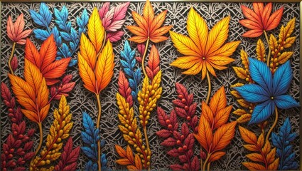 Fototapeta premium A vibrant decorative mural featuring colorful leaves, flowers, and butterflies in a textured, ornate style with warm orange and gold tones. Generative, AI.