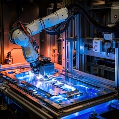 Advanced Robotic Arm Performing Precision Engineering Tasks on High-Tech Aluminum Components in a Modern Automated Manufacturing Facility