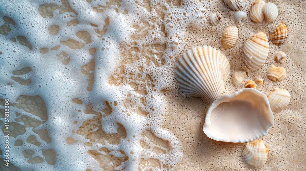 Poster soft waves lap against the sandy beach under a bright sun, revealing a collection of intricately pat