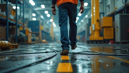 Worker walks on wet factory floor. Cables scattered create tripping hazard. Unsafe conditions exist. Industrial setting. Maintenance production area. Potential for accident. Possible workplace