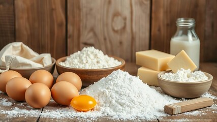 Various ingredients for bakery products, such as flour, eggs, sugar, milk, and butter, displayed on a rustic wooden background, sugar, wooden