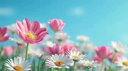 Fototapeta premium Vibrant flower blooming scene in nature's garden spring day high-quality photography bright sky